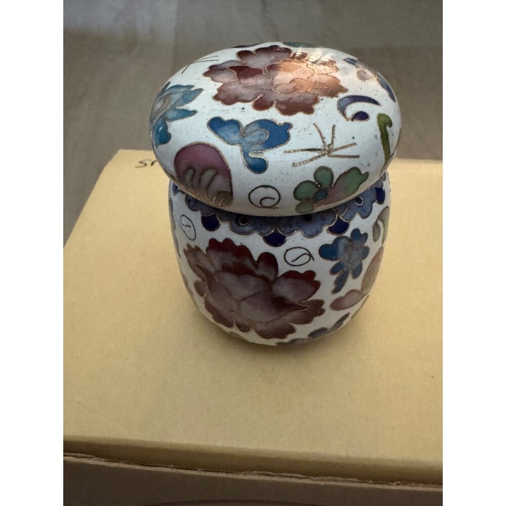 Cloisonné Trinket Box With Lid Floral Design 2.5" Tall